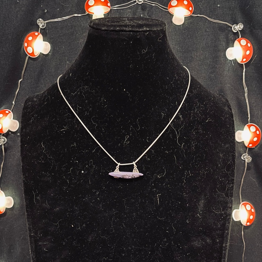 Sterling Silver Necklace w/ Rare Charoite Natural Stone Pendant Handmade